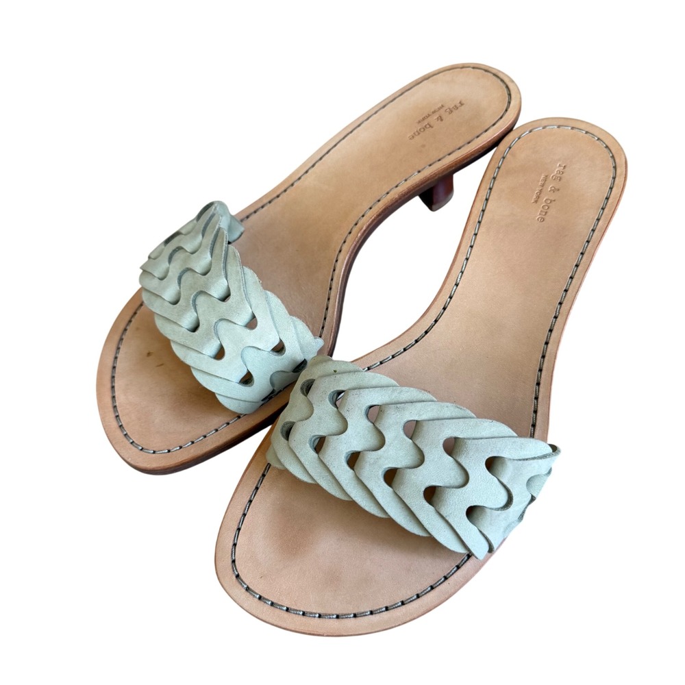 Rag & Bone Women's Sage Green Braided Leather Kitten Heel Slide Sandals Size 37
